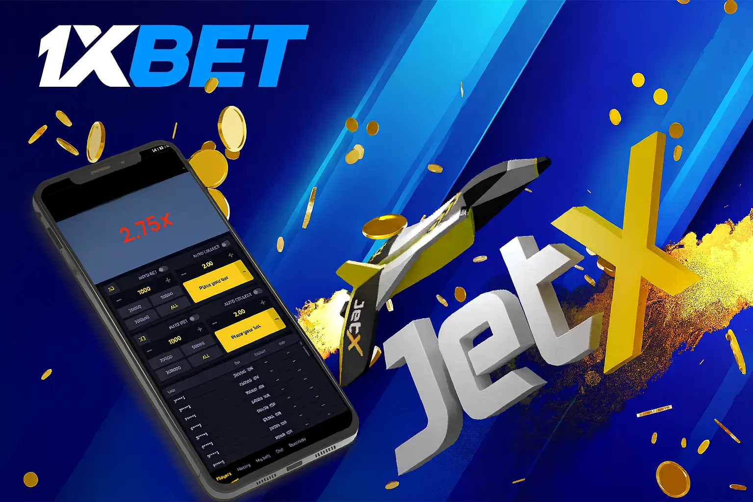 JetX oyunu logosu ve 1xBet platformu logosunun birlikte yer aldığı görsel
